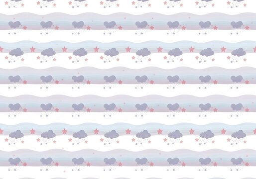 Whimsical wallpaper pattern featuring clouds and stars for a nursery or kids room