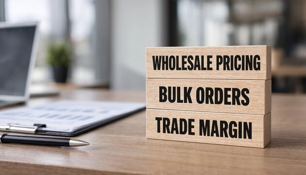 Wooden blocks displaying wholesale pricing bulk orders and trade margin concepts on a modern office desk with stationery