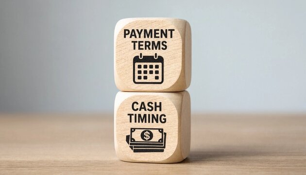 Wooden blocks illustrating business payment terms and cash timing concepts for financial planning and accounting visuals