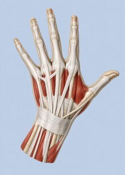 Dorsal human hand anatomy showing muscles tendons bones ligaments and wrist structures