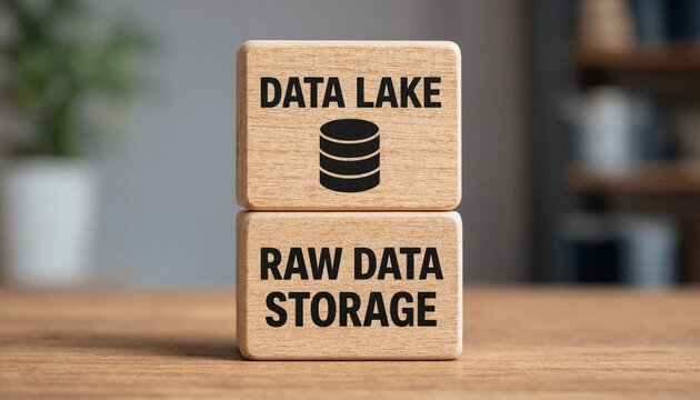 Wooden blocks illustrating data lake and raw data storage concepts on a wooden surface
