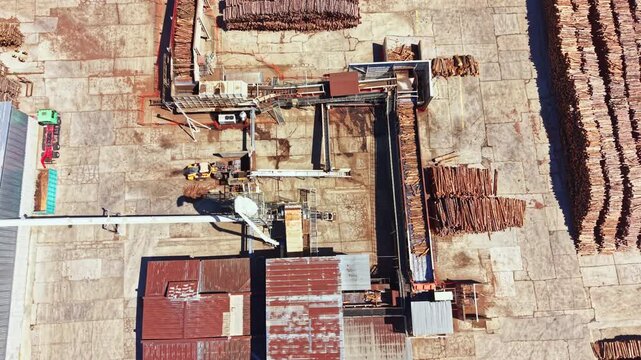 A wood processing site shows machinery cutting and moving timber. The ground is covered in sawdust. Stacks of logs are arranged around the area. Equipment is busy with the work.