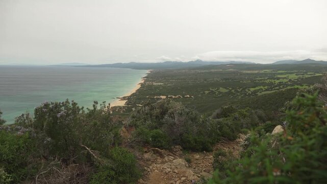 Sandy Beach Of Spiaggia di Scivu On Sardinia&rsquo;s Costa Verde In Italy. Aerial Shot
