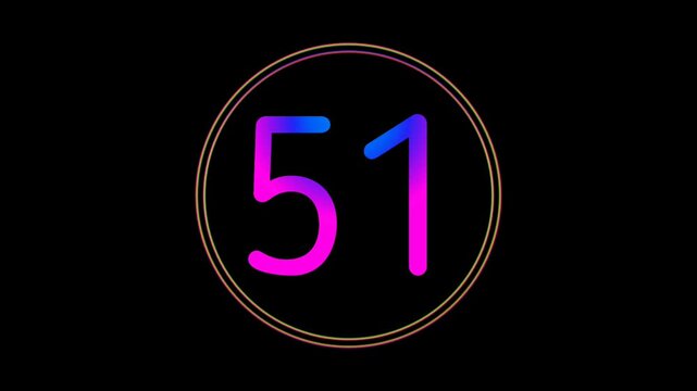 Neon Number 51 Animation Glowing flicking Gradient Blue Pink Digital Futuristic LED Numeric Loop Abstract Tech in Circle Light Motion Graphics Modern Minimal black background