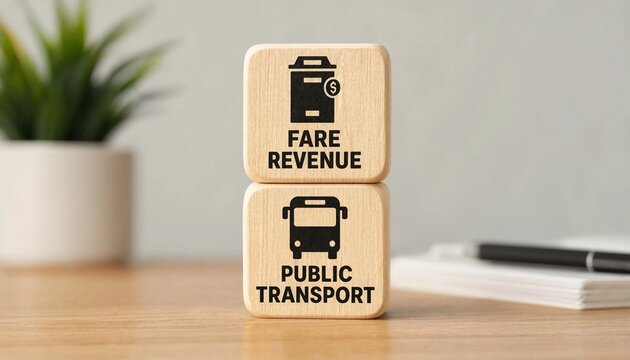 Wooden blocks illustrating fare revenue and public transport concept on a light wooden surface with office accessories