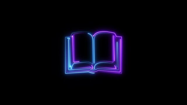 Glowing vertical book icon animation with neon open symbol on black background.