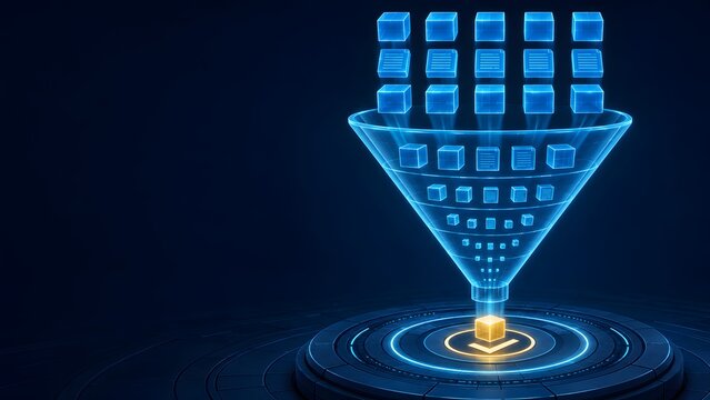 Digital document filtering funnel condensing cubic data into a single verified golden cube representing process optimization