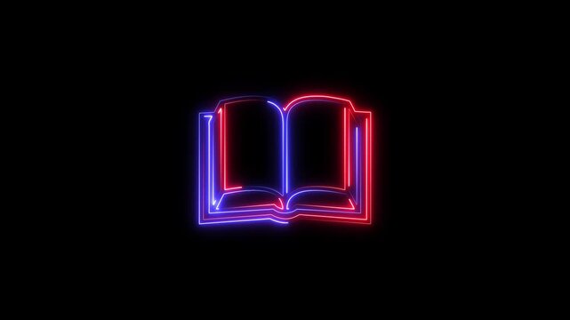 Glowing vertical book icon animation with neon open symbol on black background.