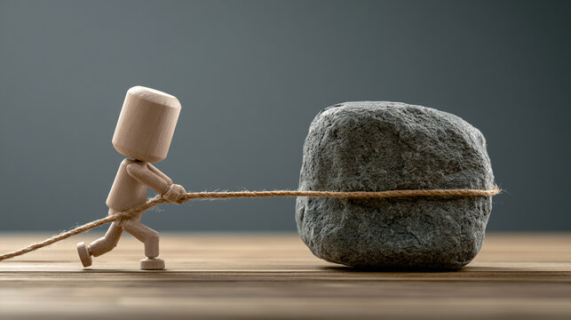 Small Wooden Toy Figure Pulling Heavy Stone Bound With Thick Rope

