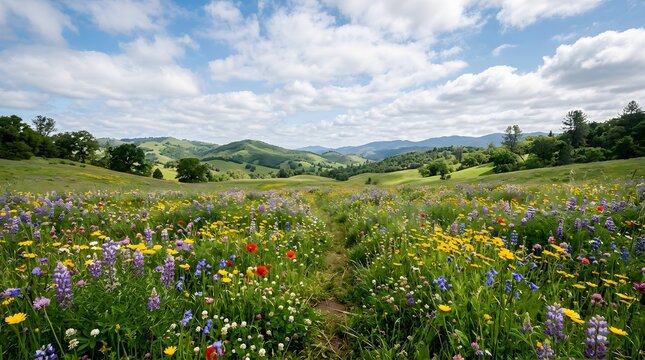 Vibrant wildflower meadow in full bloom under summer sky. Lush colorful field with rolling green hills and soft clouds for nature backgrounds.