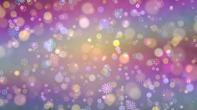 soft pastel bokeh lights and delicate floral shapes, loopable vibrant abstract background with flowers floating down, cheerful, joyful and dreamy atmosphere