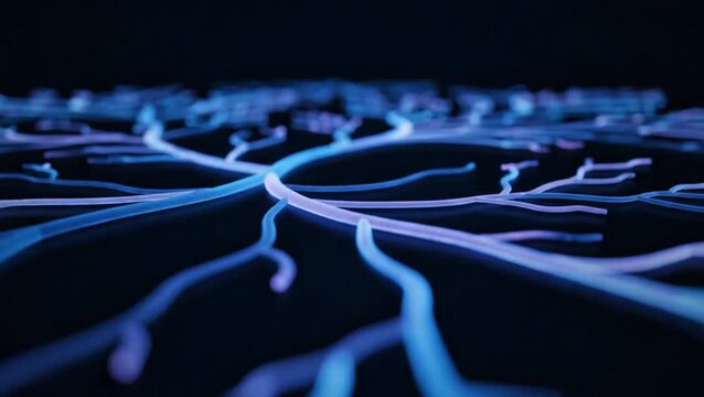 Abstract digital representation of neural network connections glowing in the dark.