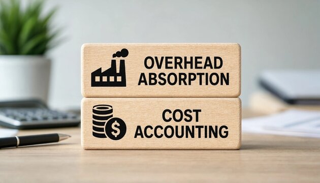 Wooden blocks illustrating overhead absorption and cost accounting concepts on a workspace desk