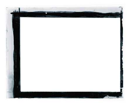 Isolated analog film frame and negative border overlay with semi-transparent edges, dark chemical stains, and vintage photo texture. (PNG).