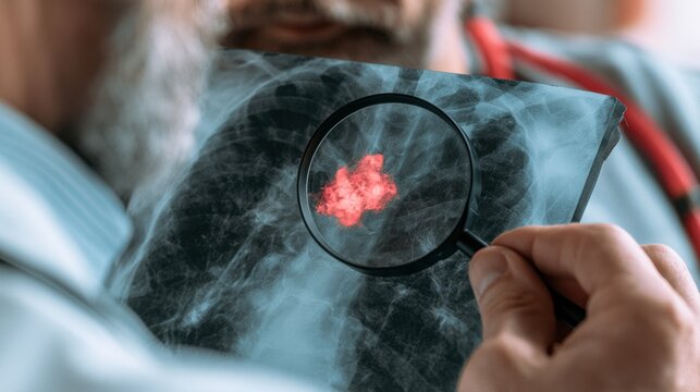 Medical professional examining lung x-ray with magnifying glass highlighting suspicious red spot indicating possible tumor or abnormality