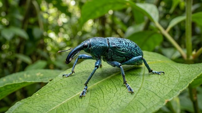 Metallic blue weevil insect walking on green leaf. Vibrant iridescent beetle exploring foliage in natural habitat.