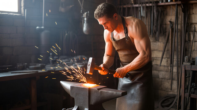 Muscular blacksmith wearing leather apron striking glowing metal on anvil with heavy iron hammer inside rustic workshop creating bright sparks
