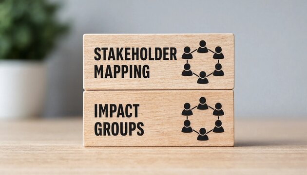 Wooden blocks illustrating stakeholder mapping and identifying impact groups with interconnected figures