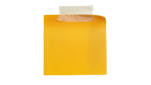 Yellow sticky note with torn tape, isolated on transparent background