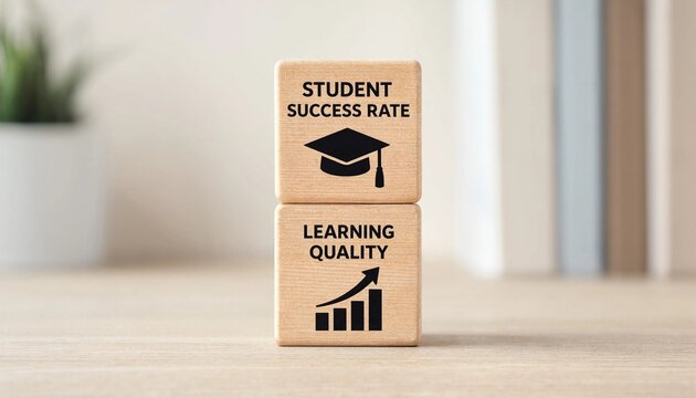 Wooden blocks illustrating student success rate and learning quality improvement with graduation cap and upward graph icons