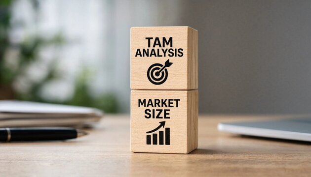 Wooden blocks illustrating total addressable market analysis and market size evaluation on a workspace desk