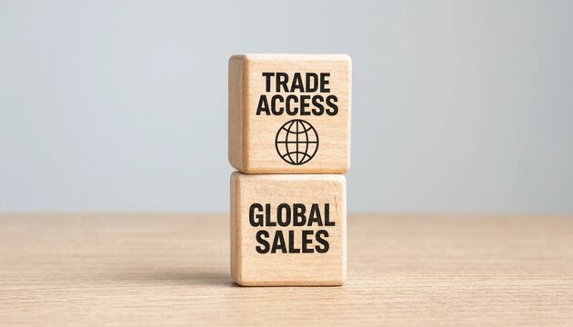 Wooden blocks illustrating trade access and global sales concept on light neutral background