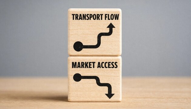 Wooden blocks illustrating transport flow and market access with directional arrows for business strategy visualization