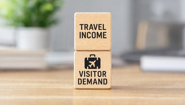Wooden blocks illustrating travel income and visitor demand with suitcase icon on light wooden surface