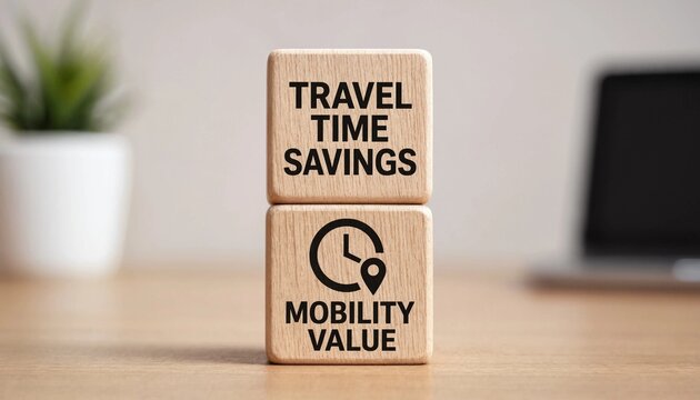 Wooden blocks illustrating travel time savings and mobility value with clock and location icon on light wooden surface