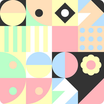 Pastel geometric grid pattern with circles and squares digital art