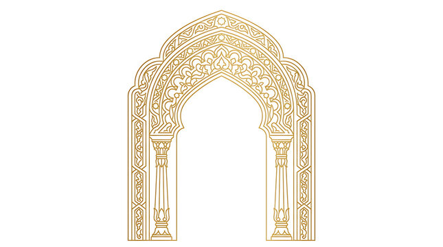 Islamic mihrab gold line frame. Elegant oriental arch with traditional floral patterns.