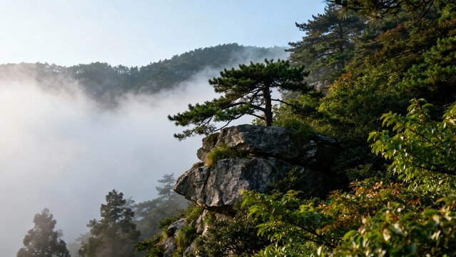 Mist-covered mountain landscape with pine tree on rocky outcrop