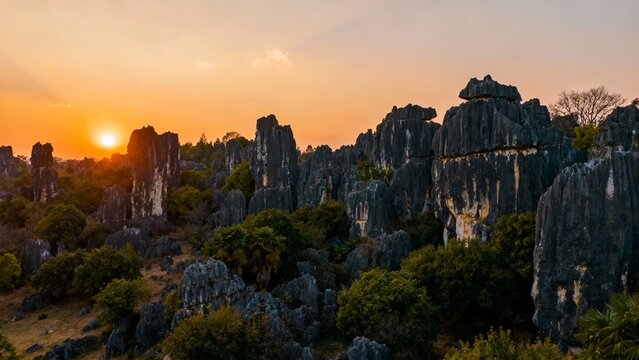 Sunset over a rocky karst landscape with tall limestone formations and scattered vegetation