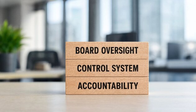 Wooden Blocks Showing Board Oversight Control System Accountability Concept in Office Setting