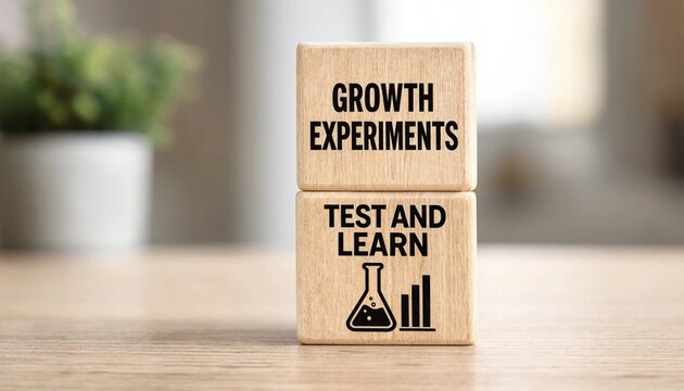 Wooden Blocks Showing Growth Experiments and Test and Learn Concept with Lab Equipment Illustration
