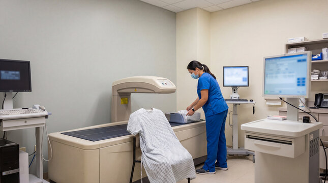 Masked nurse preparing medical imaging scanner in clinical room creating diagnostic healthcare concept for patient safety technology screening hospital workflow professional care marketing