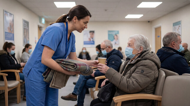 Nurse offering warm drink plus blanket to elderly patient in busy clinic waiting room, showing compassionate care, healthcare support, community medicine, dignity, public service, Commercial