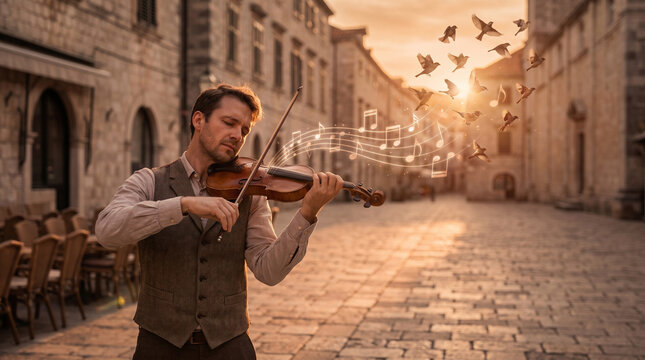 Magical Street Musician Playing Violin with Glowing Notes Transforming into Birds at Sunset