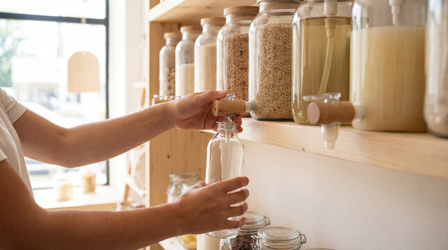 Customer filling reusable glass bottle from bulk dispenser in zero waste shop representing package free shopping sustainable retail refill culture conscious consumption for commercial