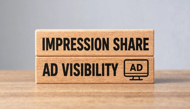 Wooden Blocks Showing Impression Share and Ad Visibility Concept for Digital Marketing Analytics and Advertising Metrics