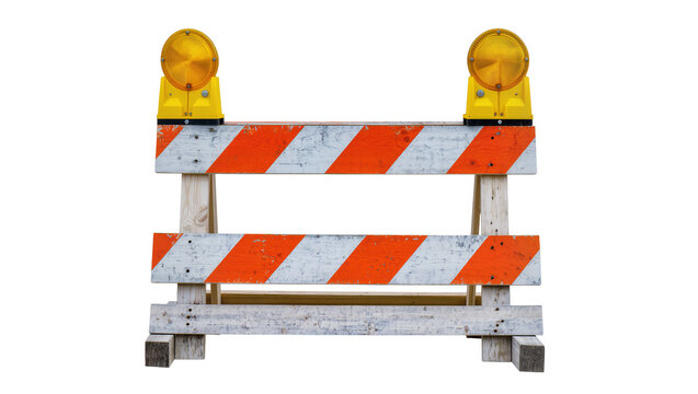 Orange and white striped construction barrier with yellow warning lights, isolated on transparent background