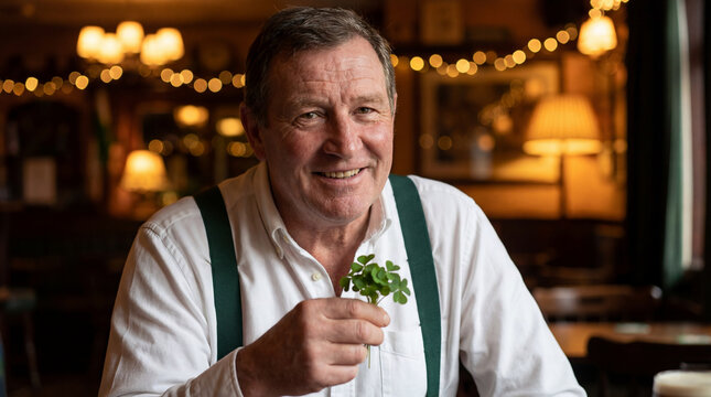 Smiling senior man holding green clover in warm pub interior, Irish celebration, good luck symbol, community spirit, festive portrait, suitable for editorial themes, marketing campaigns,