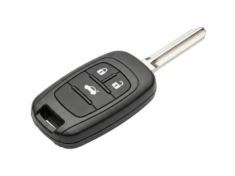 Modern electronic car key fob with physical blade key isolated on white studio background