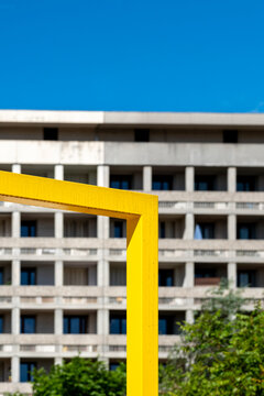 Beneath open blue sky, foliage softens the view as a yellow frame cuts across urban architecture, setting modern geometric lines against a concrete facade