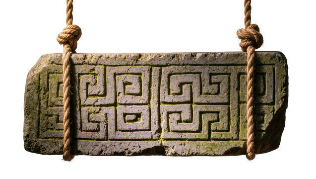 Ancient stone slab with Greek key pattern suspended by thick rope, isolated on transparent background