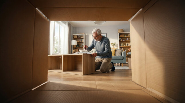 Senior man assembling wooden flat pack shelf with screwdriver in living room, authentic active aging concept showing independence confidence value value value value value value value