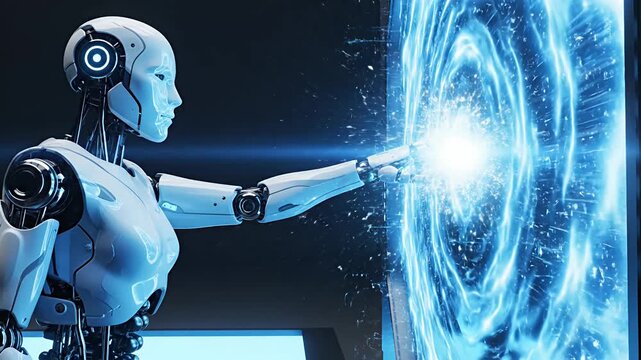 White humanoid robot standing before glowing blue circular portal.