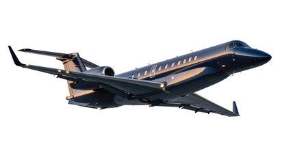 Sleek dark blue private jet aircraft in flight, isolated on transparent background © Alexandra