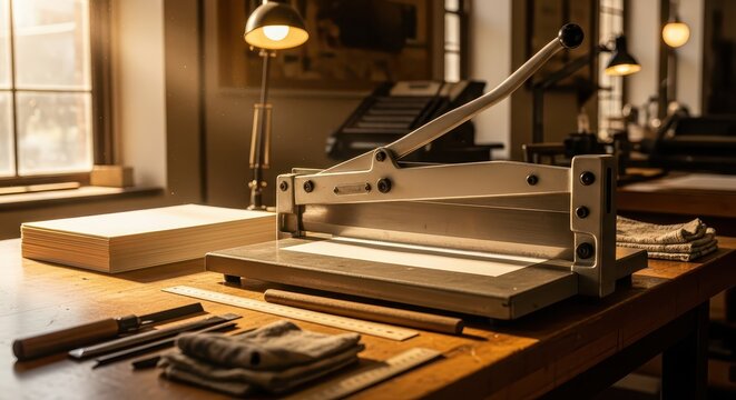 Vintage printing press workshop interior with guiderail paper cutter, stack of paper, rulers and tools, backlit by sunlight.