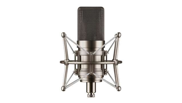 Professional studio condenser microphone with shock mount, isolated on transparent background